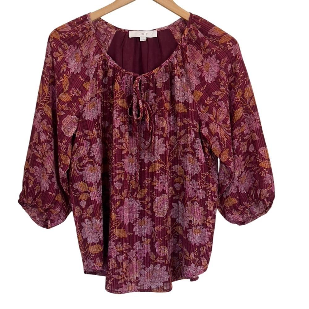 LOFT burgundy floral faux embroidery peasant, lined bodice - women’s size small